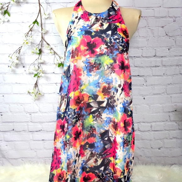 LUSH FLORAL SLEEVELESS HALTER A-LINE DRESS WOMEN'S SIZE MEDIUM - Picture 1 of 16
